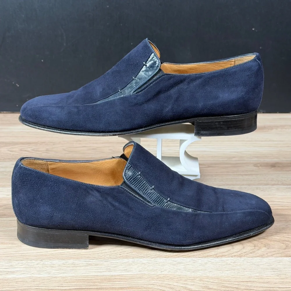 Moreschi Loafers Mens Size 11 Navy Blue Suede Lizard Trim Slip On Made in Italy